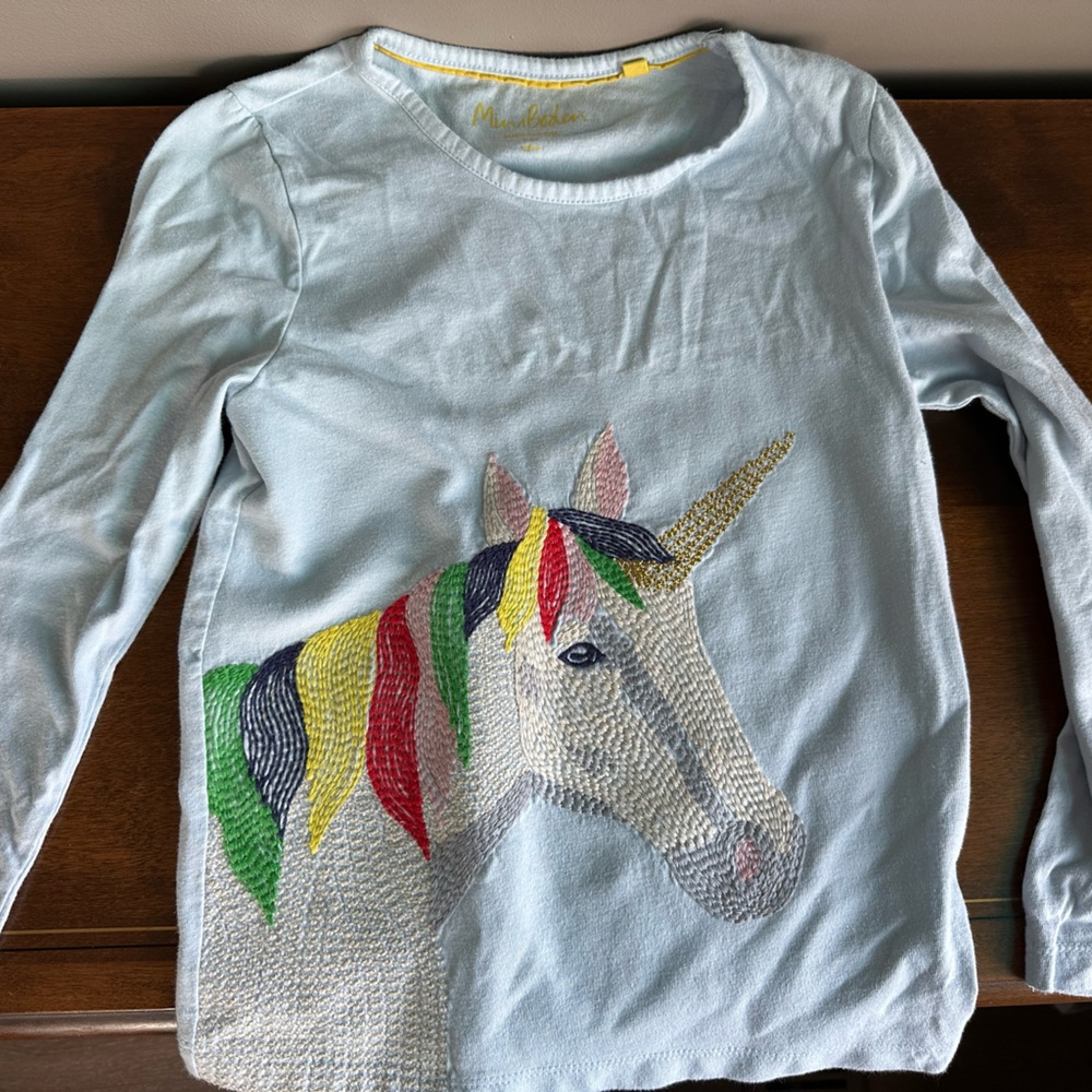 Mini Boden Sky Blue Unicorn Long Sleeve Tee